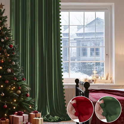 Weihnachts Samtvorhänge mit Pompoms 2-teilig Rot oder Grün