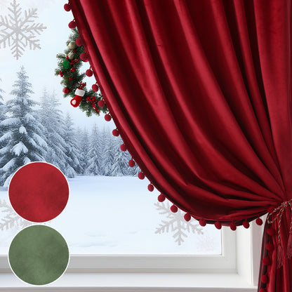 Weihnachts Samtvorhänge mit Pompoms 2-teilig Rot oder Grün