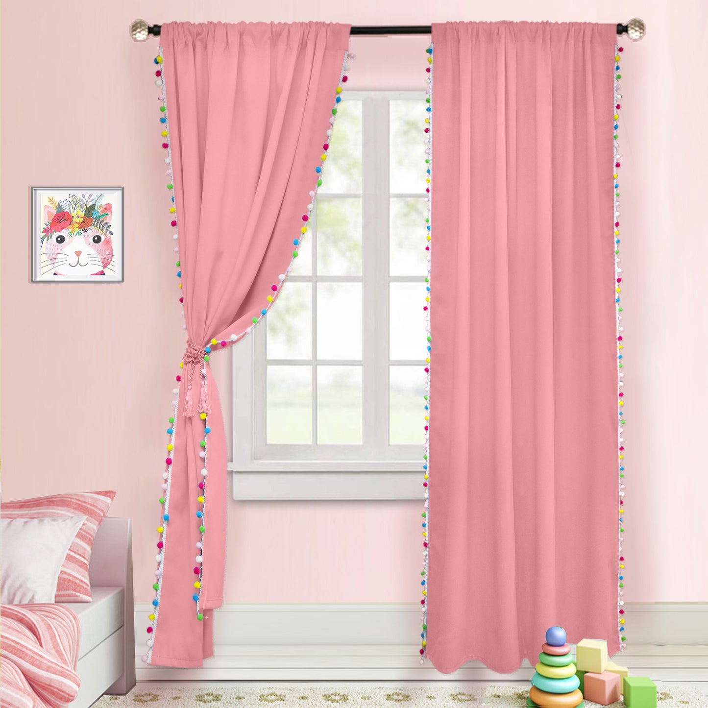 Pom Pom Blackout Curtains, 1 Panel, Pink, 132*160cm/132*213cm/132*243cm