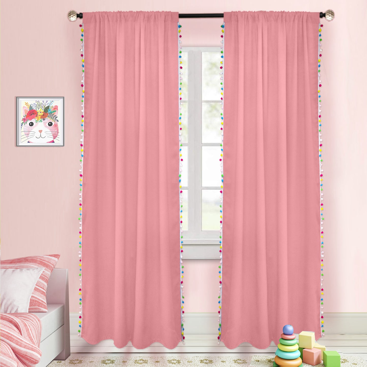 Pom Pom Blackout Curtains, 1 Panel, Pink, 132*160cm/132*213cm/132*243cm