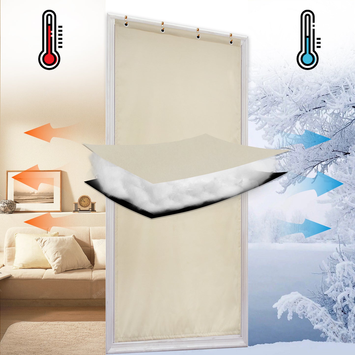 Waterproof Quilted Door Curtains, 1 Panel, Beige, 82x204cm/100x210cm