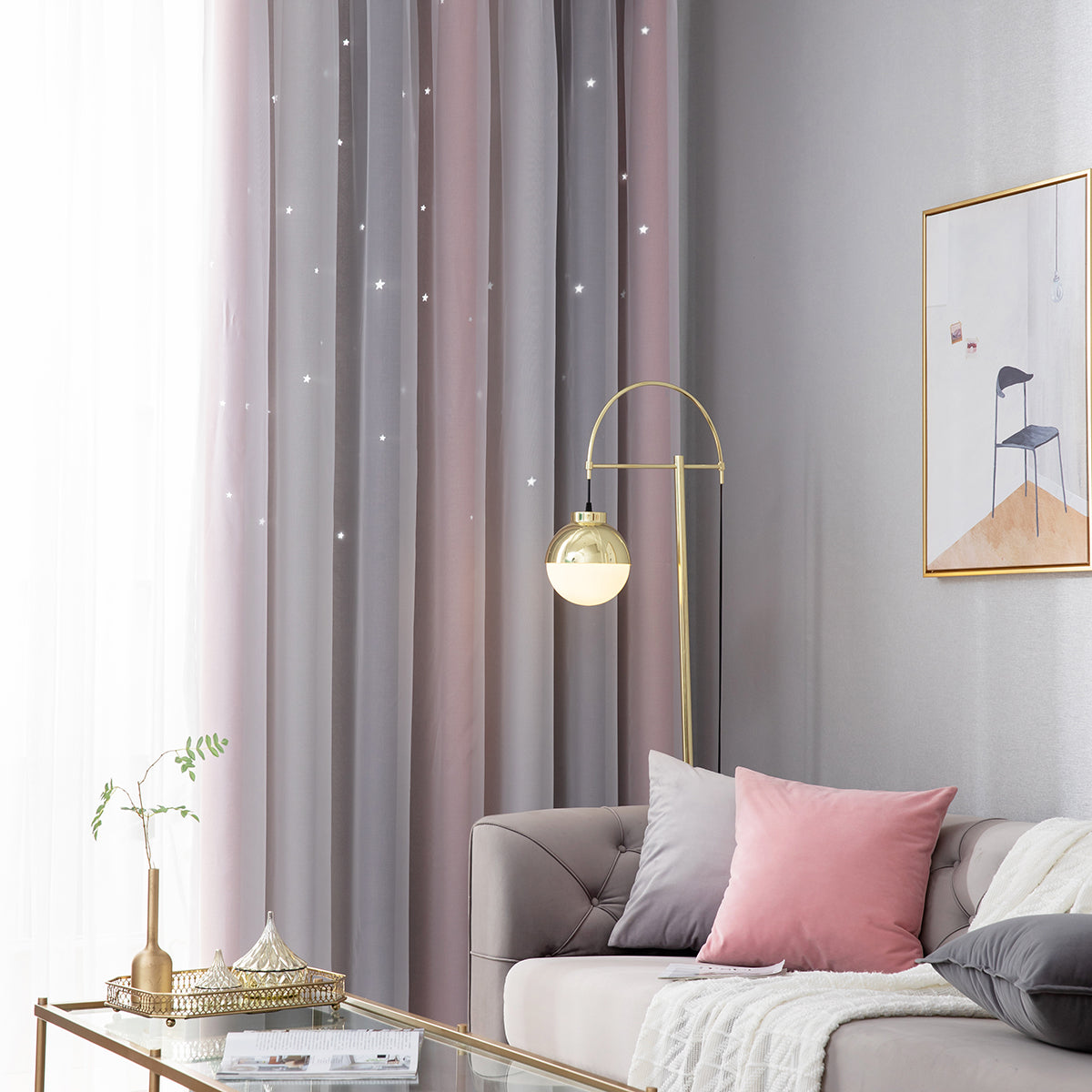 Stars Ombre Double-Layer Curtains, 1 Panel, Gray, 134*160cm/134*210cm/134*240cm/134*269cm