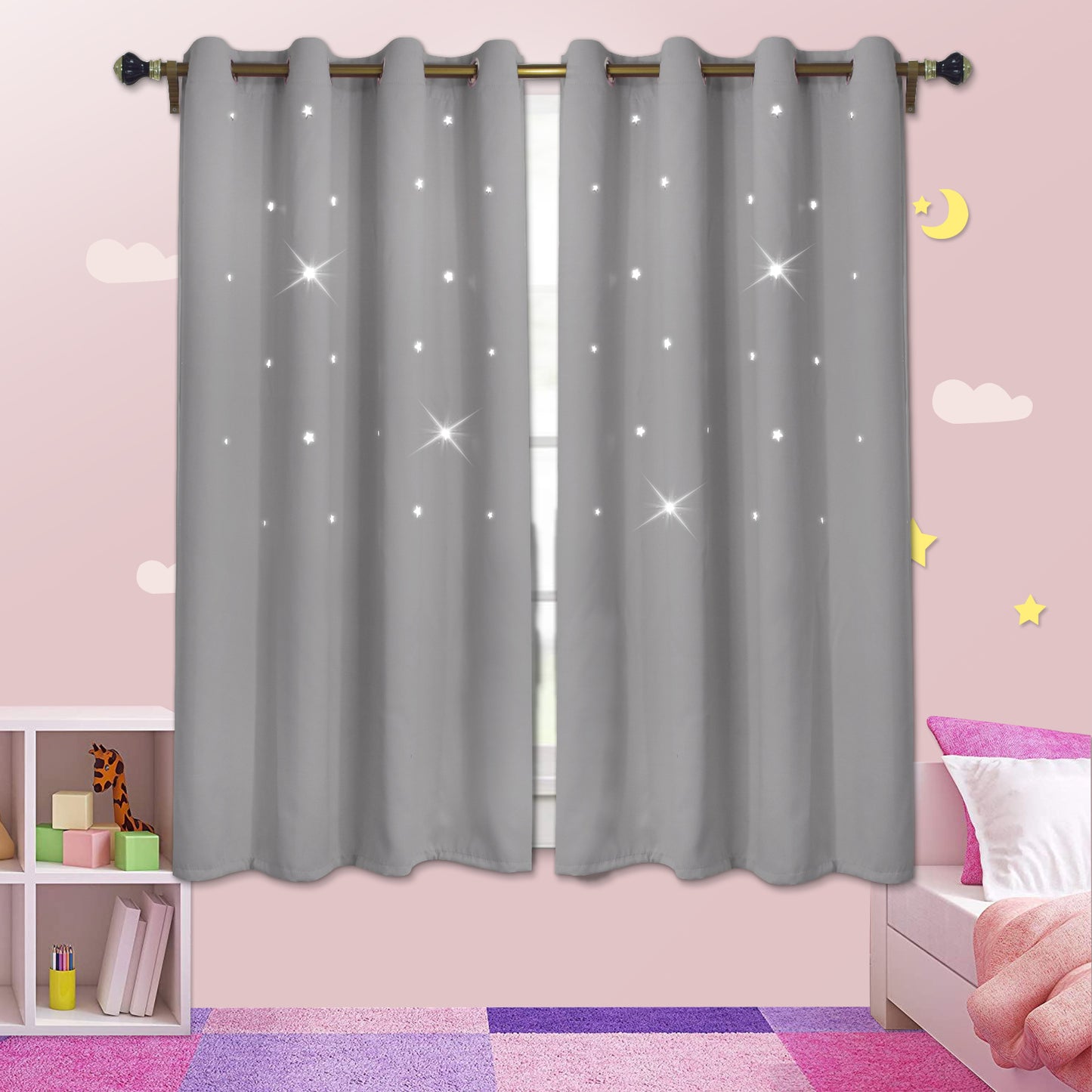 Stars Blackout Curtains, 1 Panel, Gray, 132x160cm/132x183cm/132x213cm