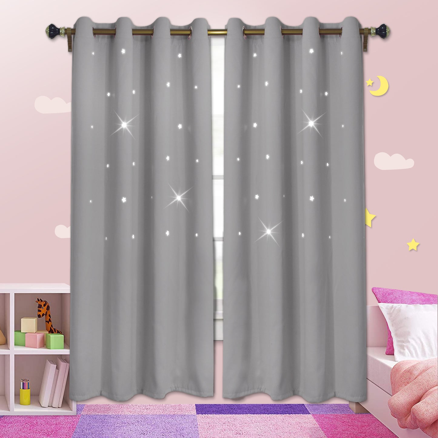 Stars Blackout Curtains, 1 Panel, Gray, 132x160cm/132x183cm/132x213cm