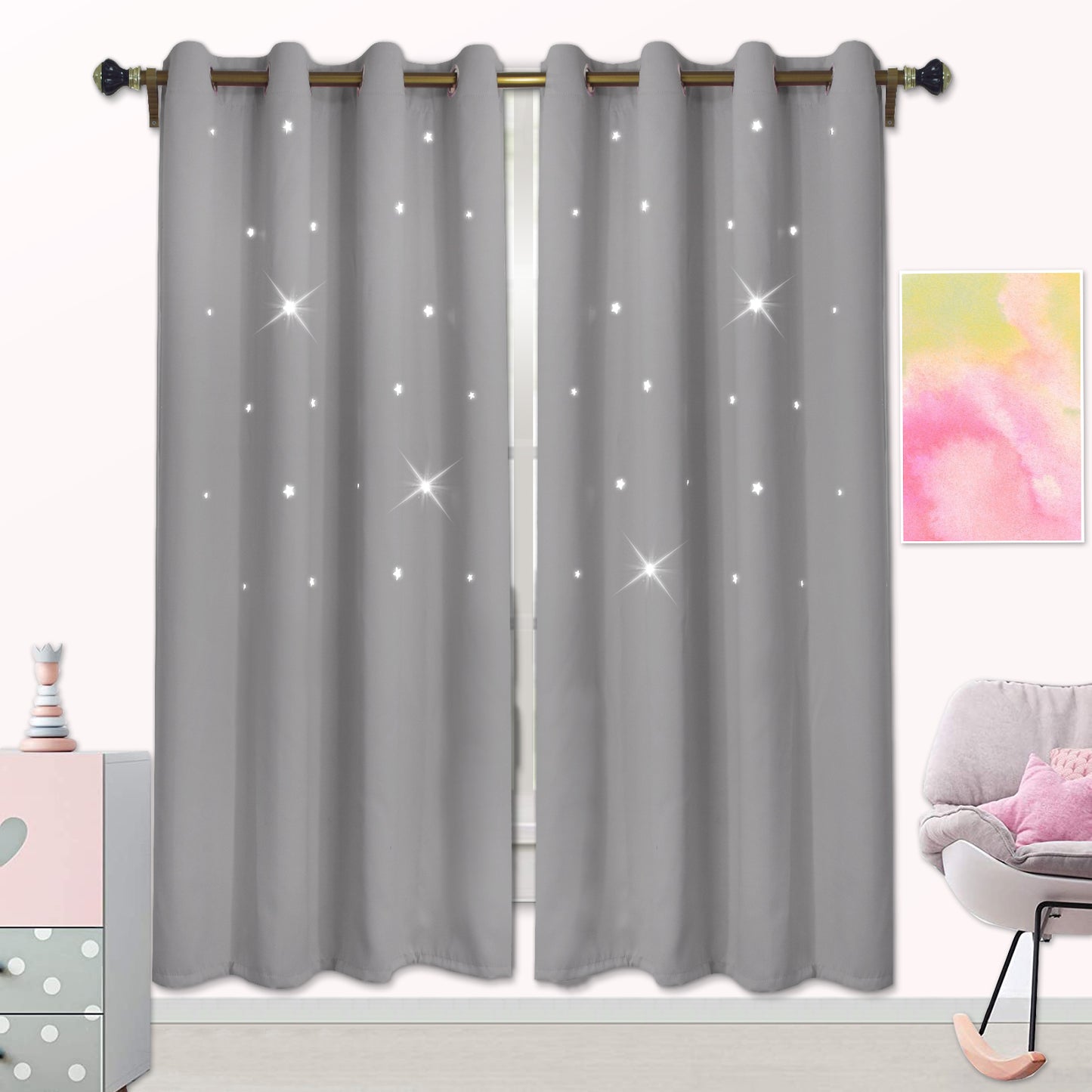 Stars Blackout Curtains, 1 Panel, Gray, 132x160cm/132x183cm/132x213cm