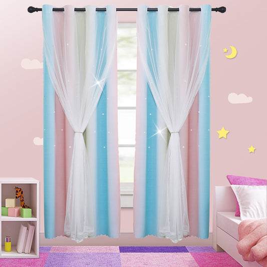 Double-Layer Princess Blackout Curtains, 1 Panel, Blue, 130x160cm/130x215cm/130x243cm