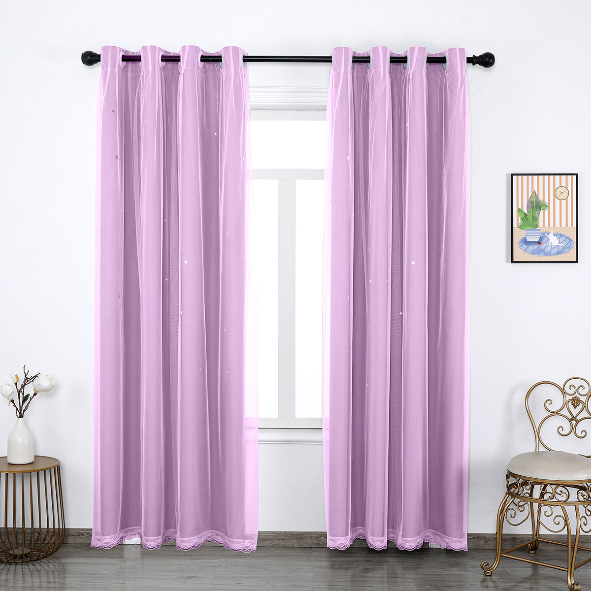 Verdunkelungsvorhang mit Tüll Overlay und Ausgestanzten Sternen – Einzelne Gardinenbahn