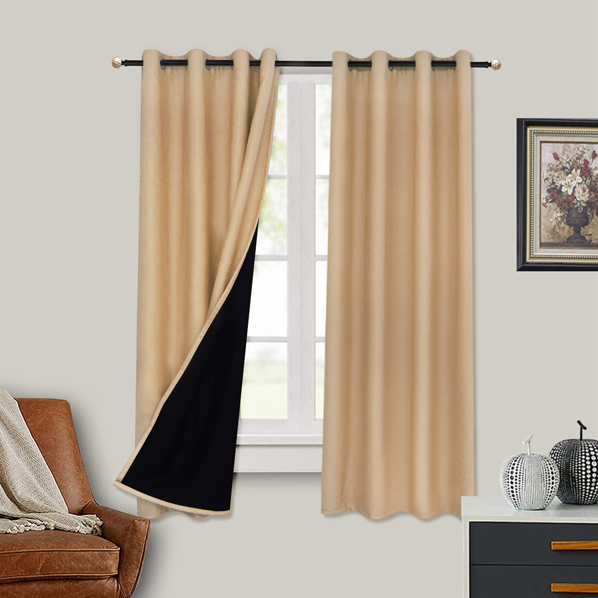 Rideaux 100 % occultants, 1 panneau, beige, 132 cm x 160 cm/132 cm x 213 cm