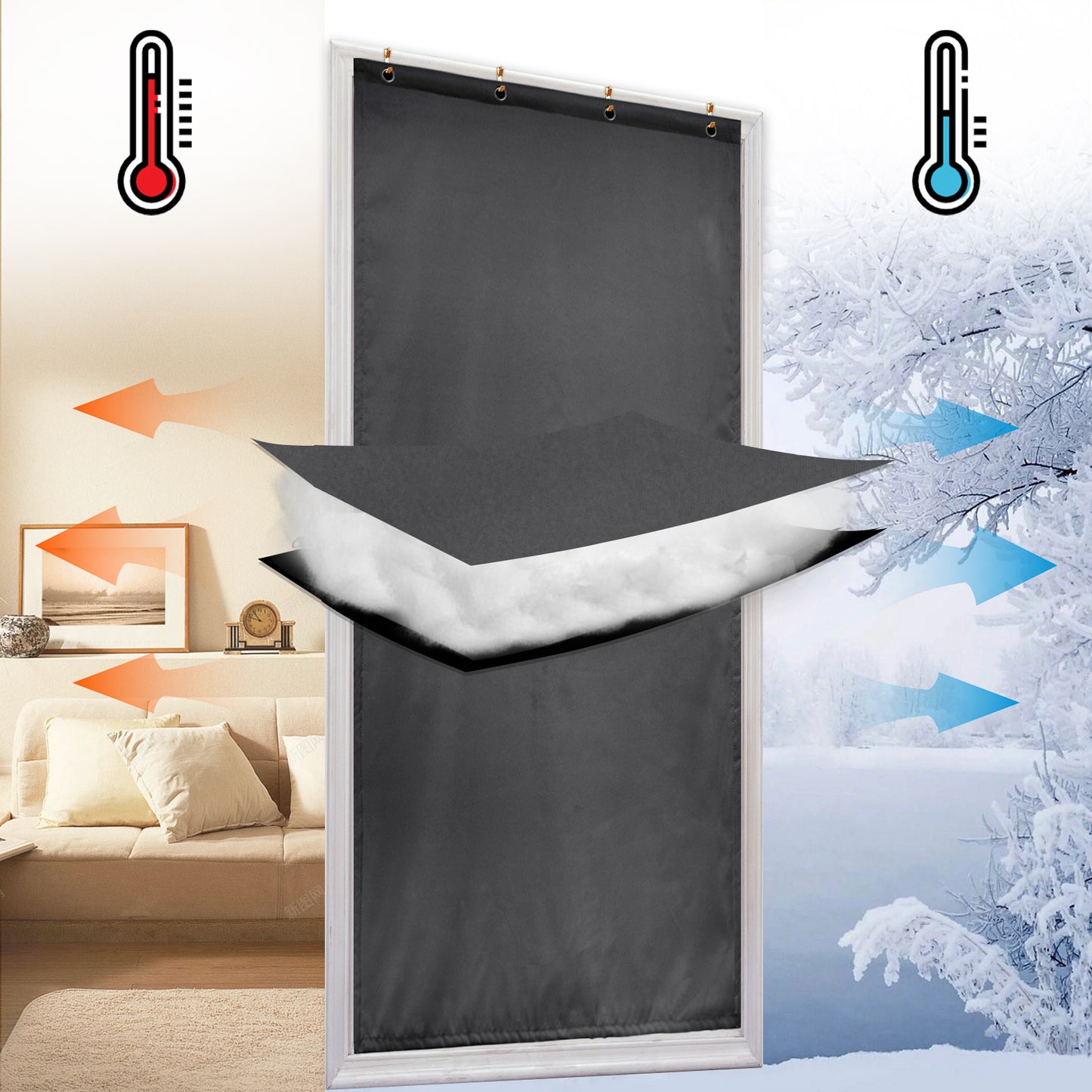 Rideaux de porte matelassés imperméables, 1 panneau, gris, 82x204cm/100x210cm