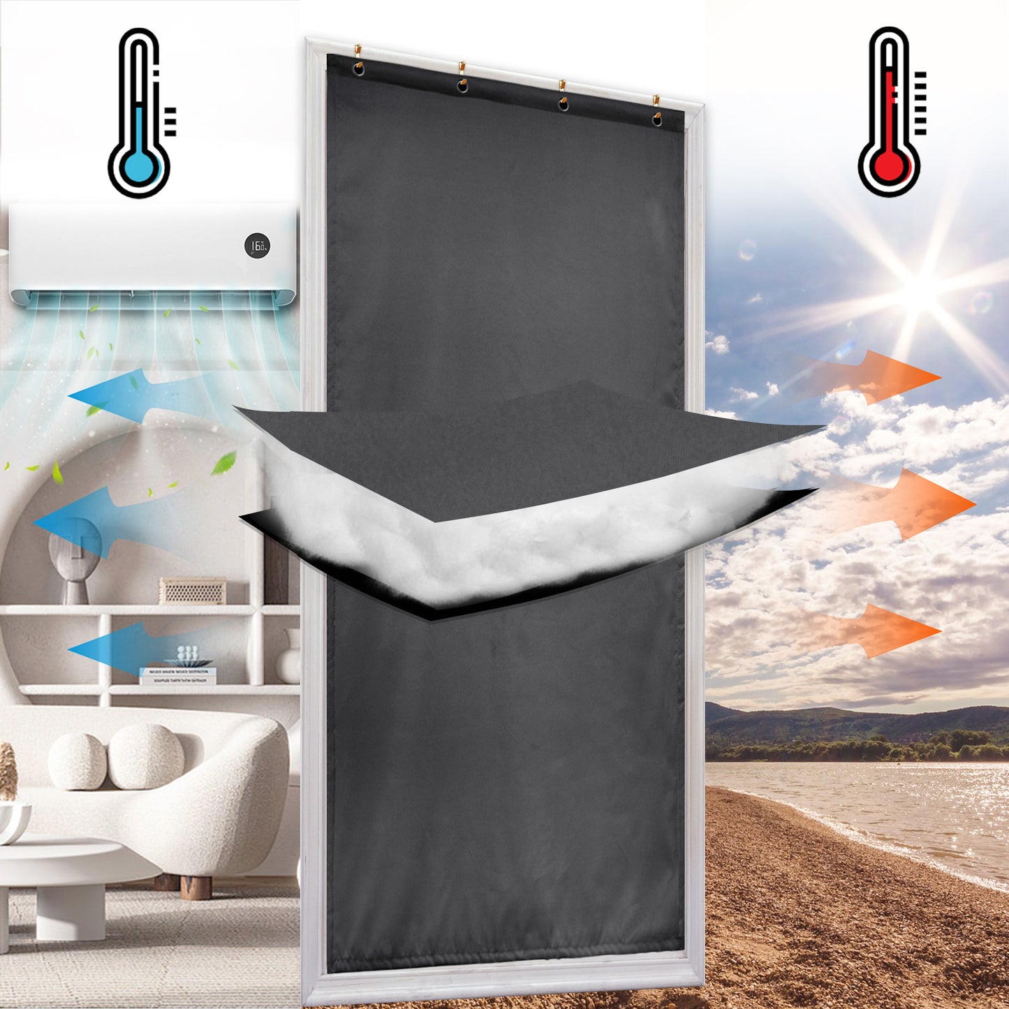Rideaux de porte matelassés imperméables, 1 panneau, gris, 82x204cm/100x210cm