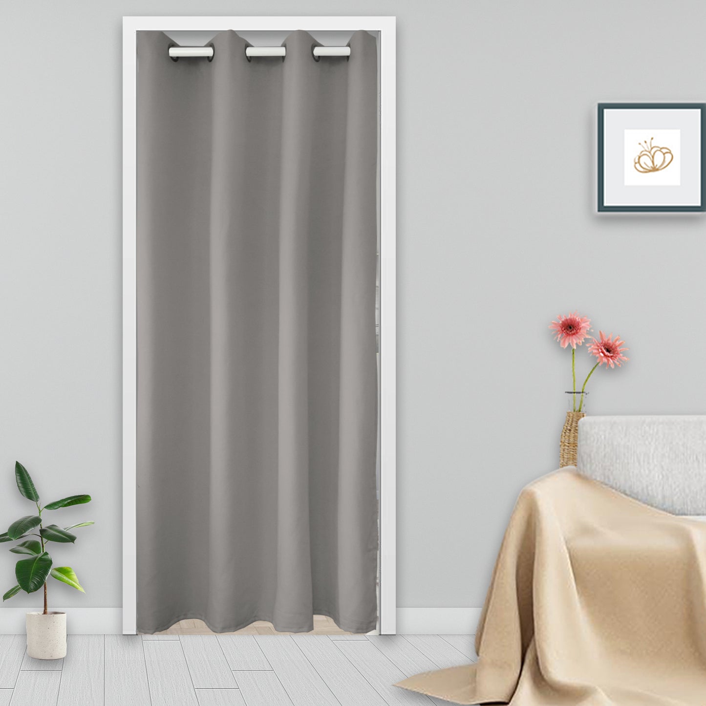 Rideaux de porte en coton, 1 panneau, gris, 132x203cm/132x244cm