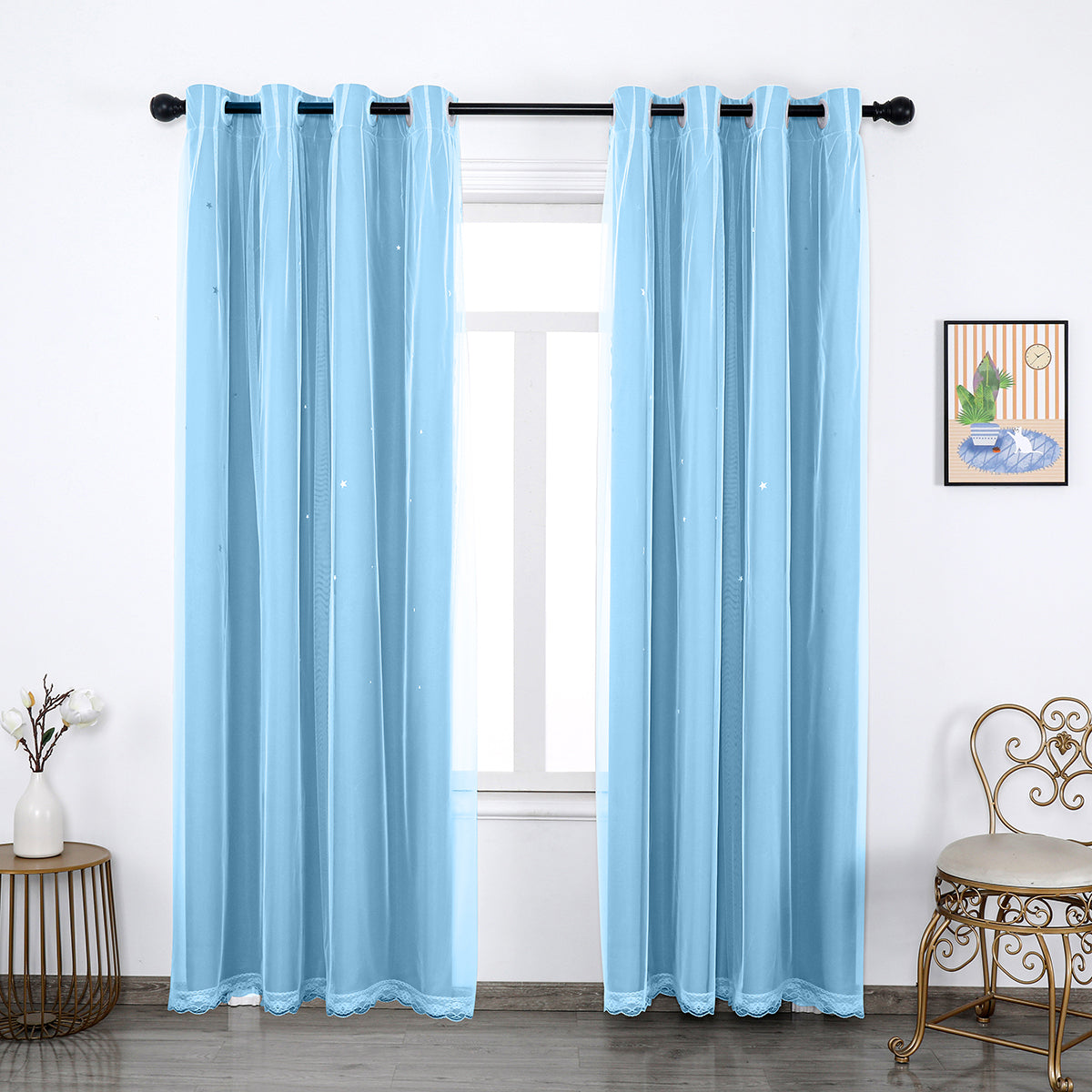 Verdunkelungsvorhang mit Tüll Overlay und Ausgestanzten Sternen – Einzelne Gardinenbahn