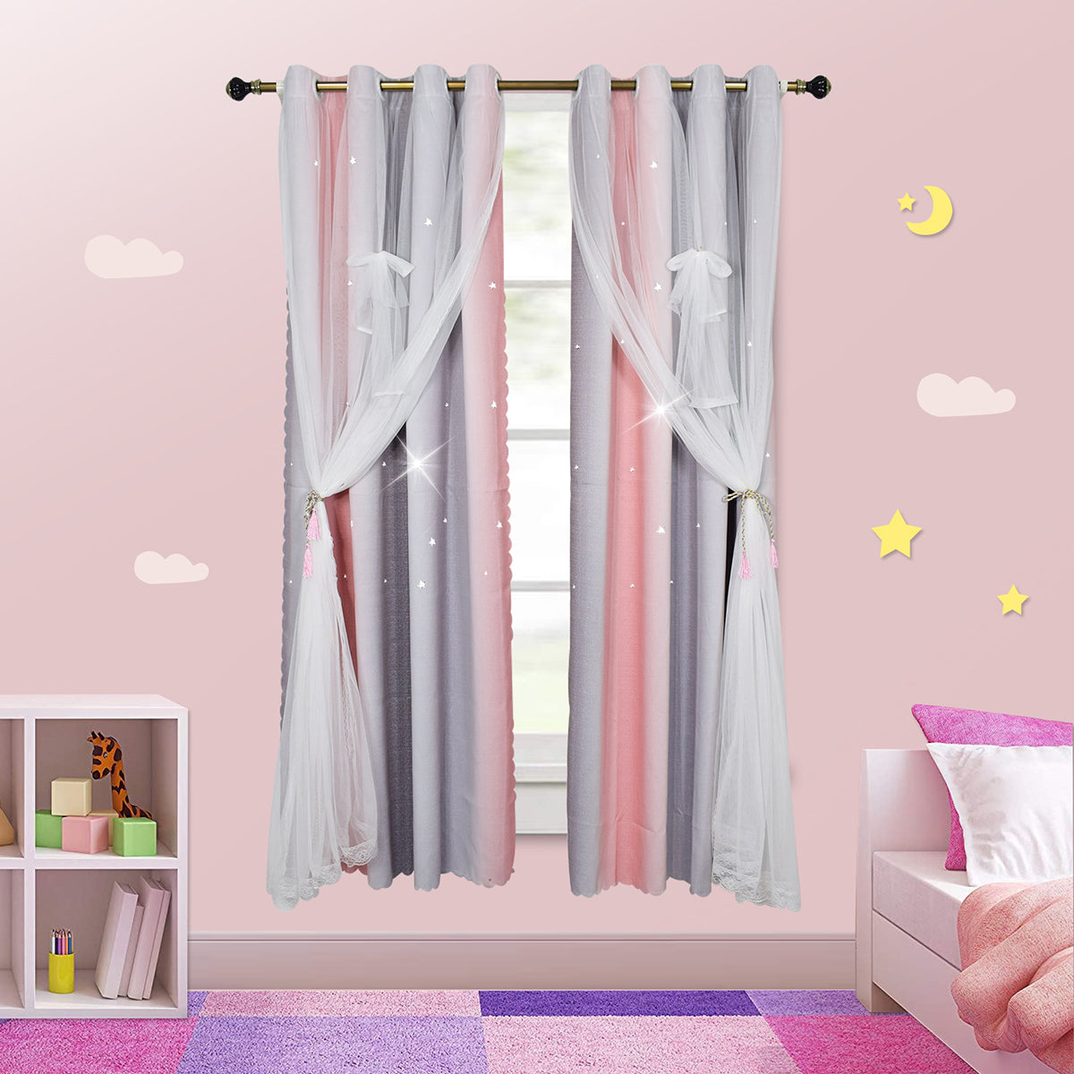 Double-Layer Princess Blackout Curtains, 1 Panel, Pink, 130x160cm/130x215cm/130x243cm