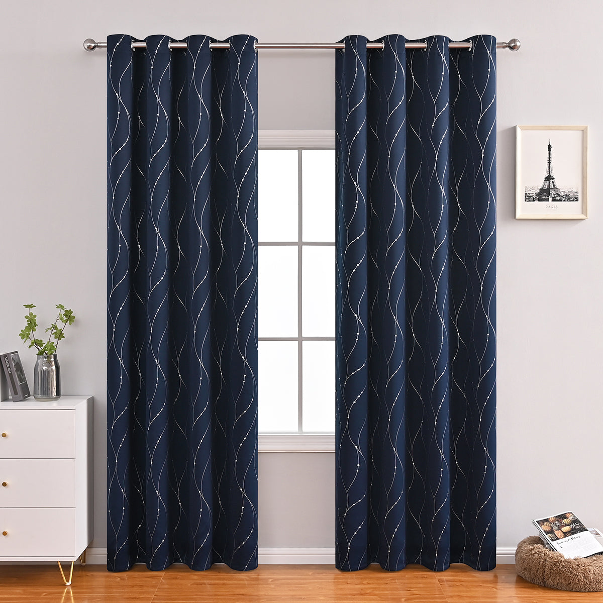 Silver Stamping Blackout Curtains, 1 Panel, Navy Blue, 132*160cm/132*213cm