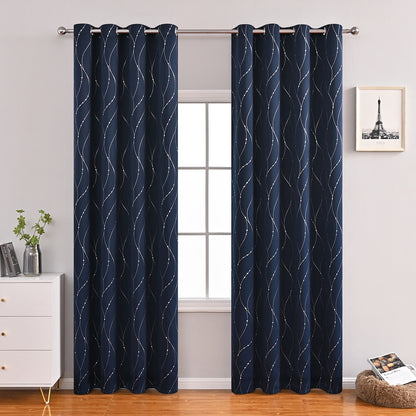 Silver Stamping Blackout Curtains, 1 Panel, Navy Blue, 132*160cm/132*213cm