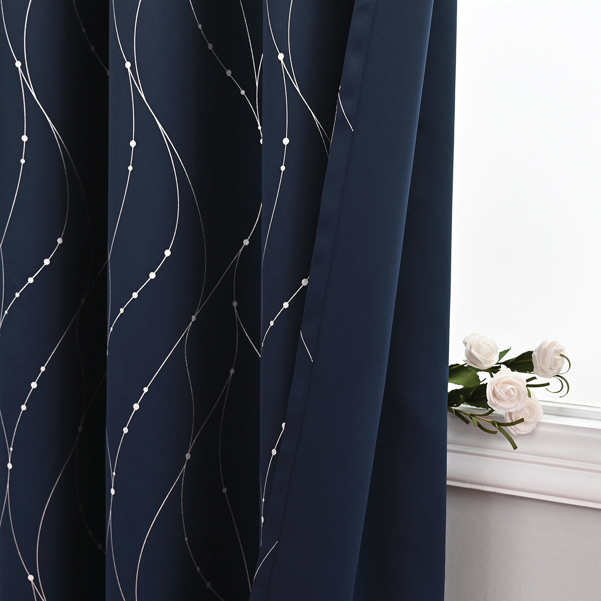 Silver Stamping Blackout Curtains, 1 Panel, Navy Blue, 132*160cm/132*213cm