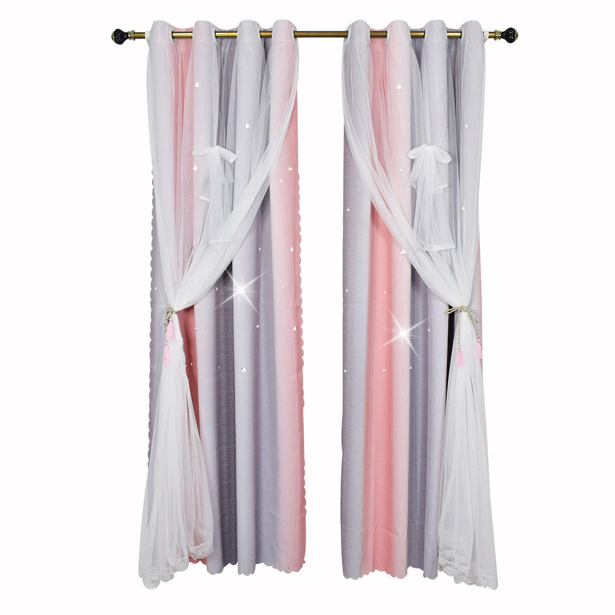 Double-Layer Princess Blackout Curtains, 1 Panel, Pink, 130x160cm/130x215cm/130x243cm