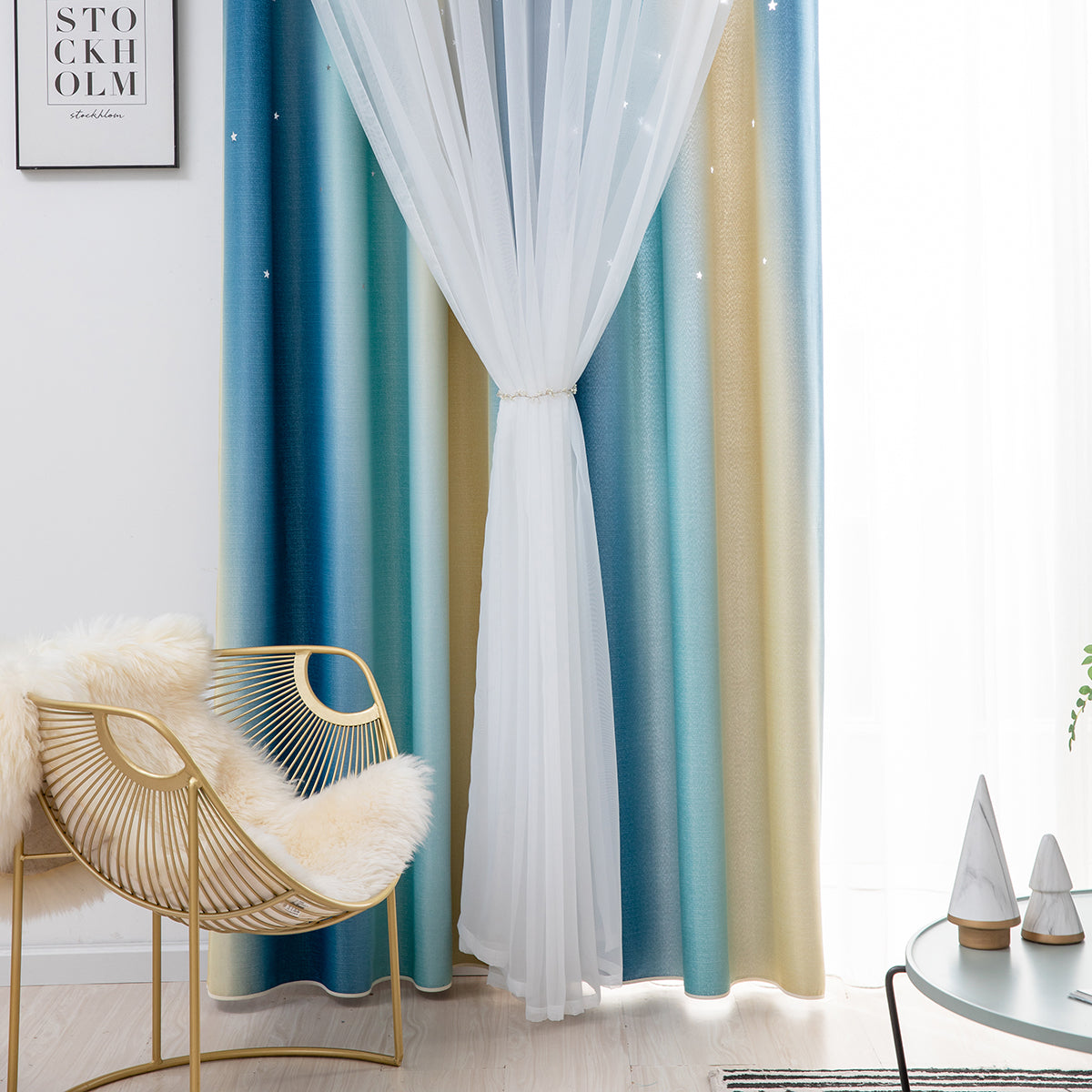 Rideaux double épaisseur ombrés étoiles, 1 panneau, bleu, 134 x 160 cm/134 x 210 cm/134 x 240 cm/134 x 269 cm