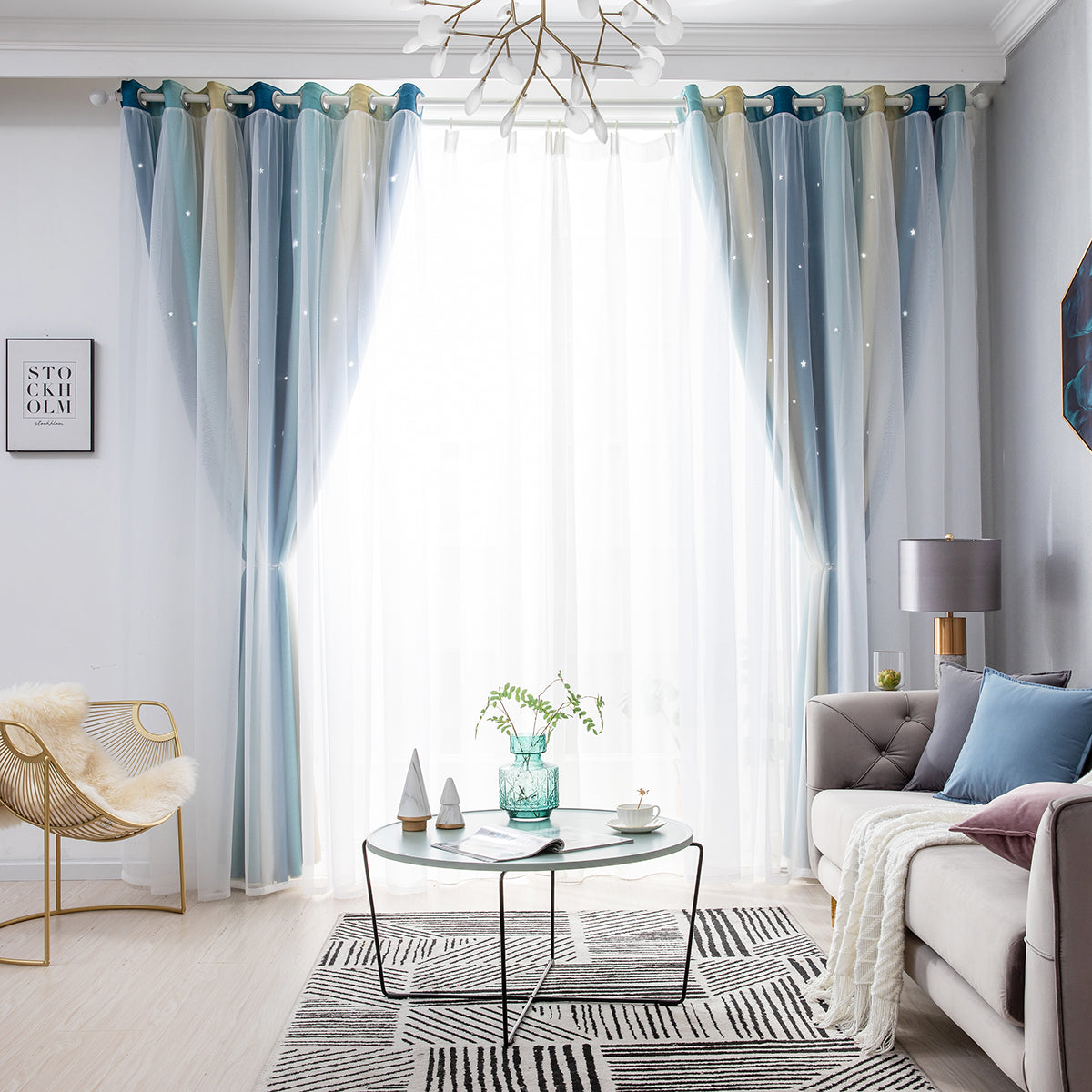 Rideaux double épaisseur ombrés étoiles, 1 panneau, bleu, 134 x 160 cm/134 x 210 cm/134 x 240 cm/134 x 269 cm