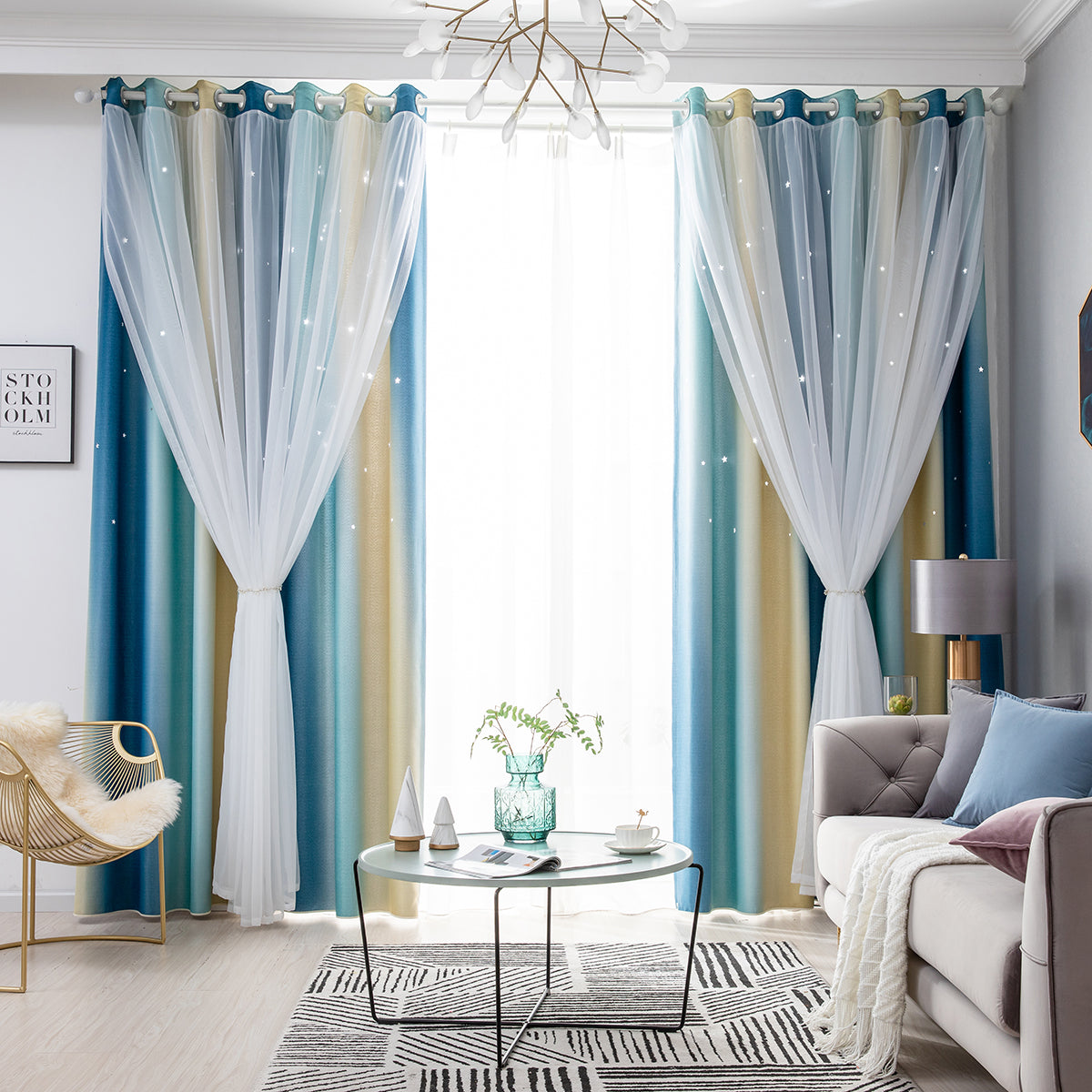 Rideaux double épaisseur ombrés étoiles, 1 panneau, bleu, 134 x 160 cm/134 x 210 cm/134 x 240 cm/134 x 269 cm
