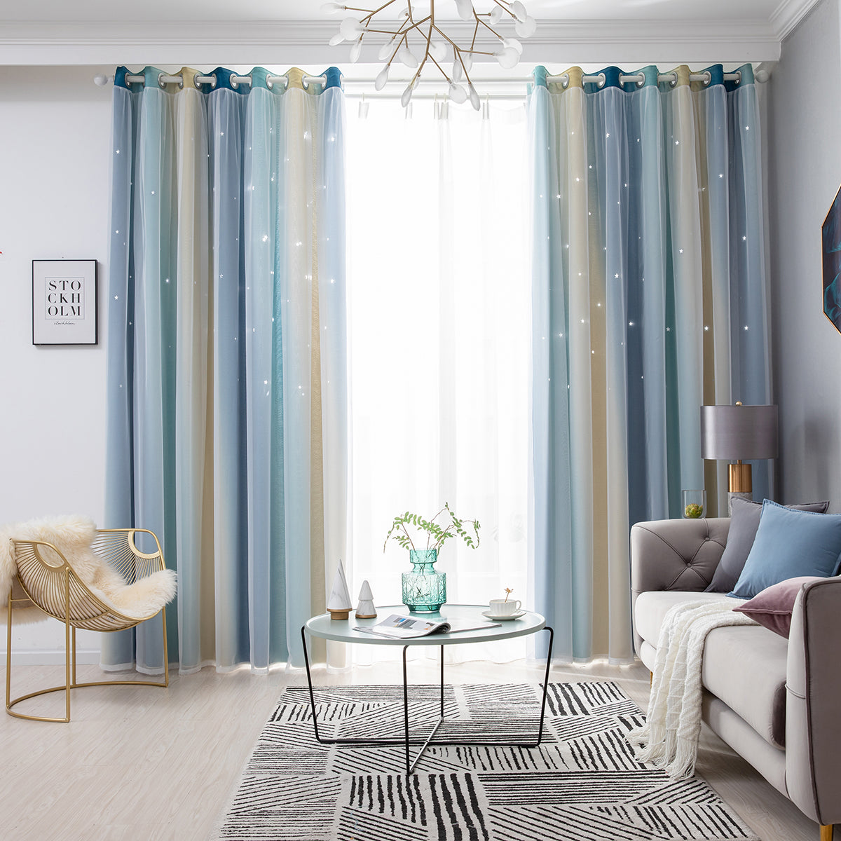 Rideaux double épaisseur ombrés étoiles, 1 panneau, bleu, 134 x 160 cm/134 x 210 cm/134 x 240 cm/134 x 269 cm