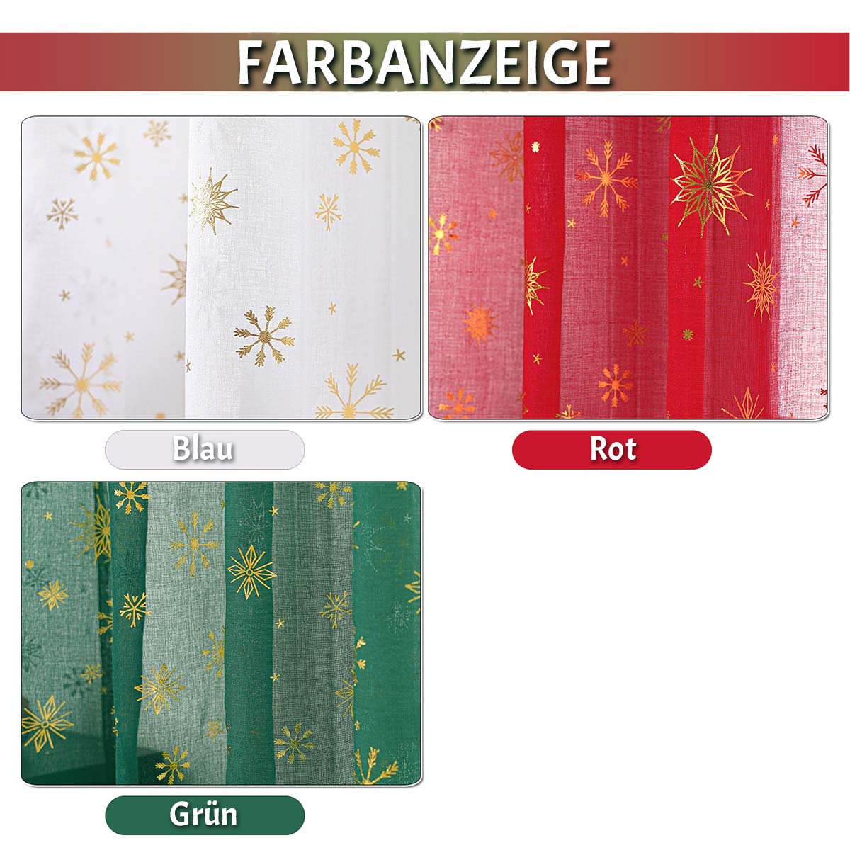 Rideau de Noël Flocons de neige Feuille d'or Lot de 2 rideaux transparents