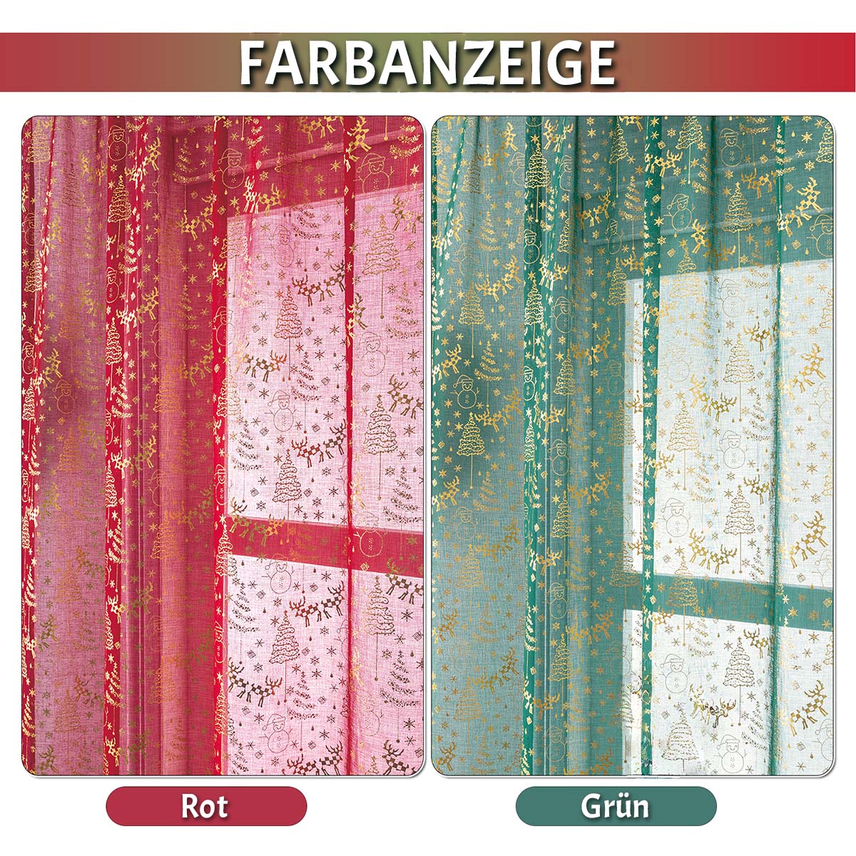 Christmas Curtains Set Gold Foil Red or Green 2-piece