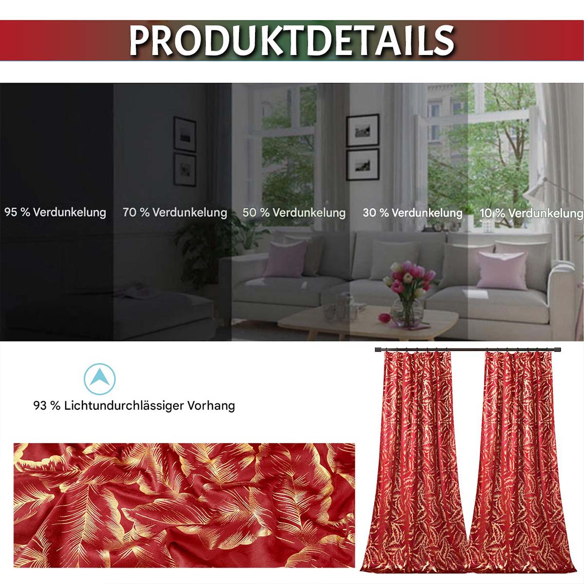 Rideaux de Noël en velours avec feuille d'or · Occultants · Rouge/Vert · 2 pièces