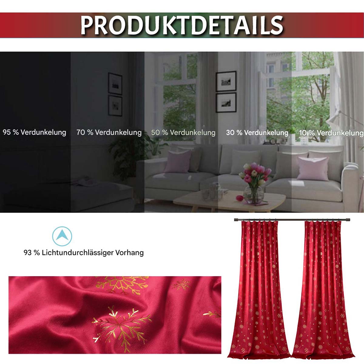 Weihnachts Samtvorhänge mit Goldfolie Schneeflocken 2-teilig Rot oder Grün