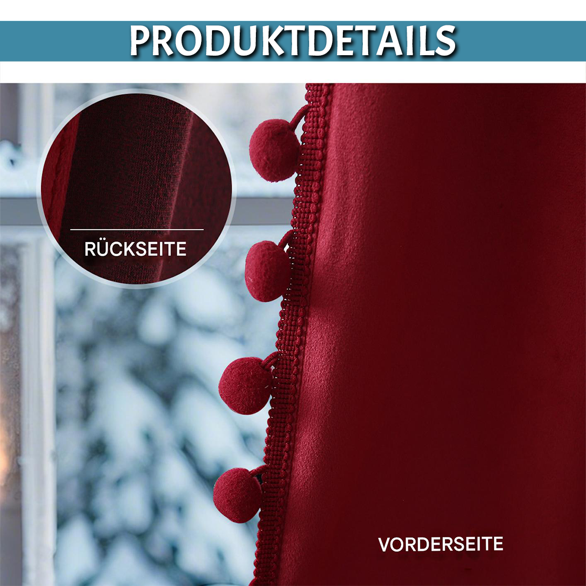 Rideaux de Noël en velours avec pompons 2 pièces rouge ou vert