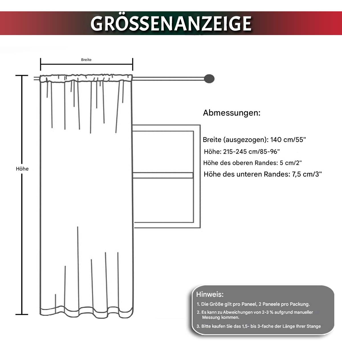 Rideau de Noël rouge et blanc à motif floral, lot de 2