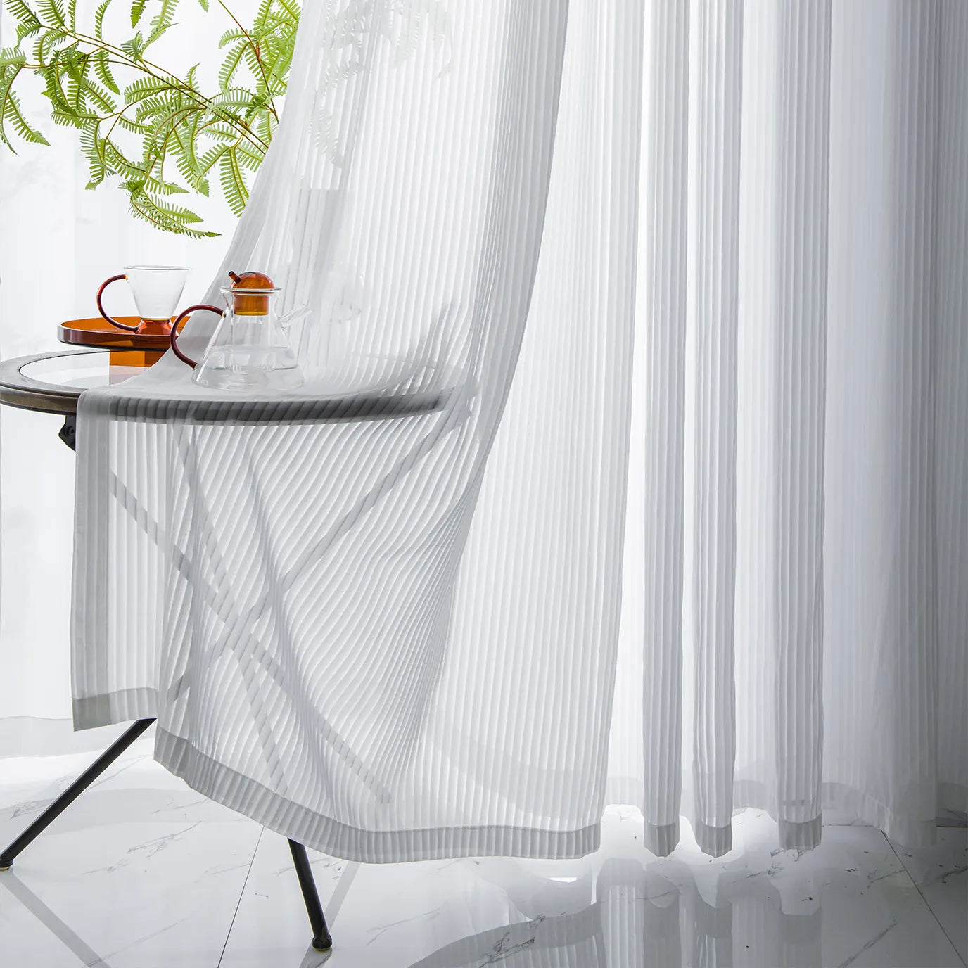Transparent voile curtain with a fine striped structure, made to measure – Linari